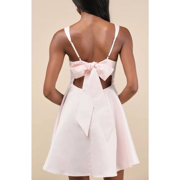 Lulus Flawlessly Flirty Blush Pink Satin Tie-Back Skater Mini Dress Size Large - Picture 2 of 7